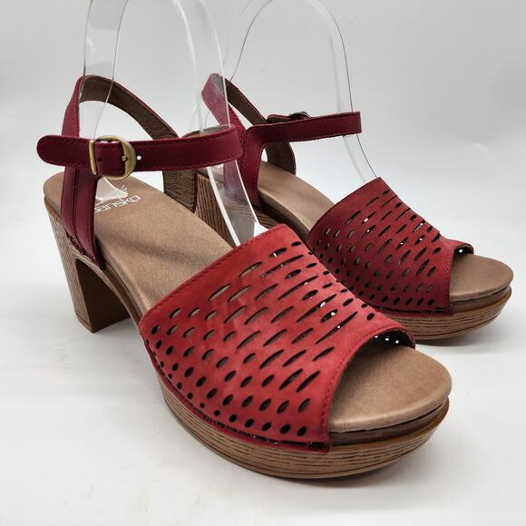 Dansko Denita Red Perforated Nubuck Slingback Platform Sandals EU 38 US 7.5-8 - Picture 1 of 7